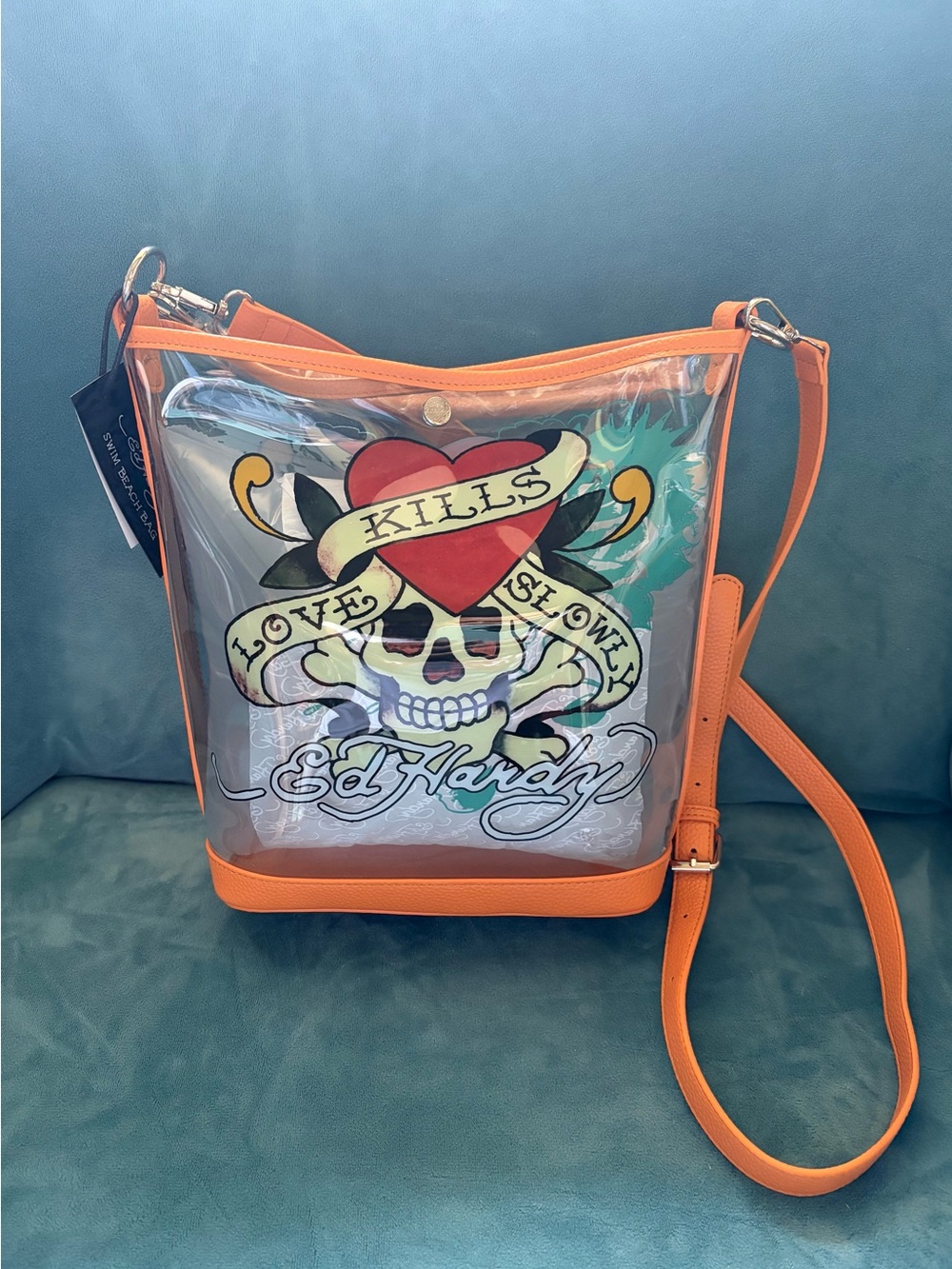 NWT Ed Hardy Orange Clear Bucket Crossbody Bag with Graphic Skull